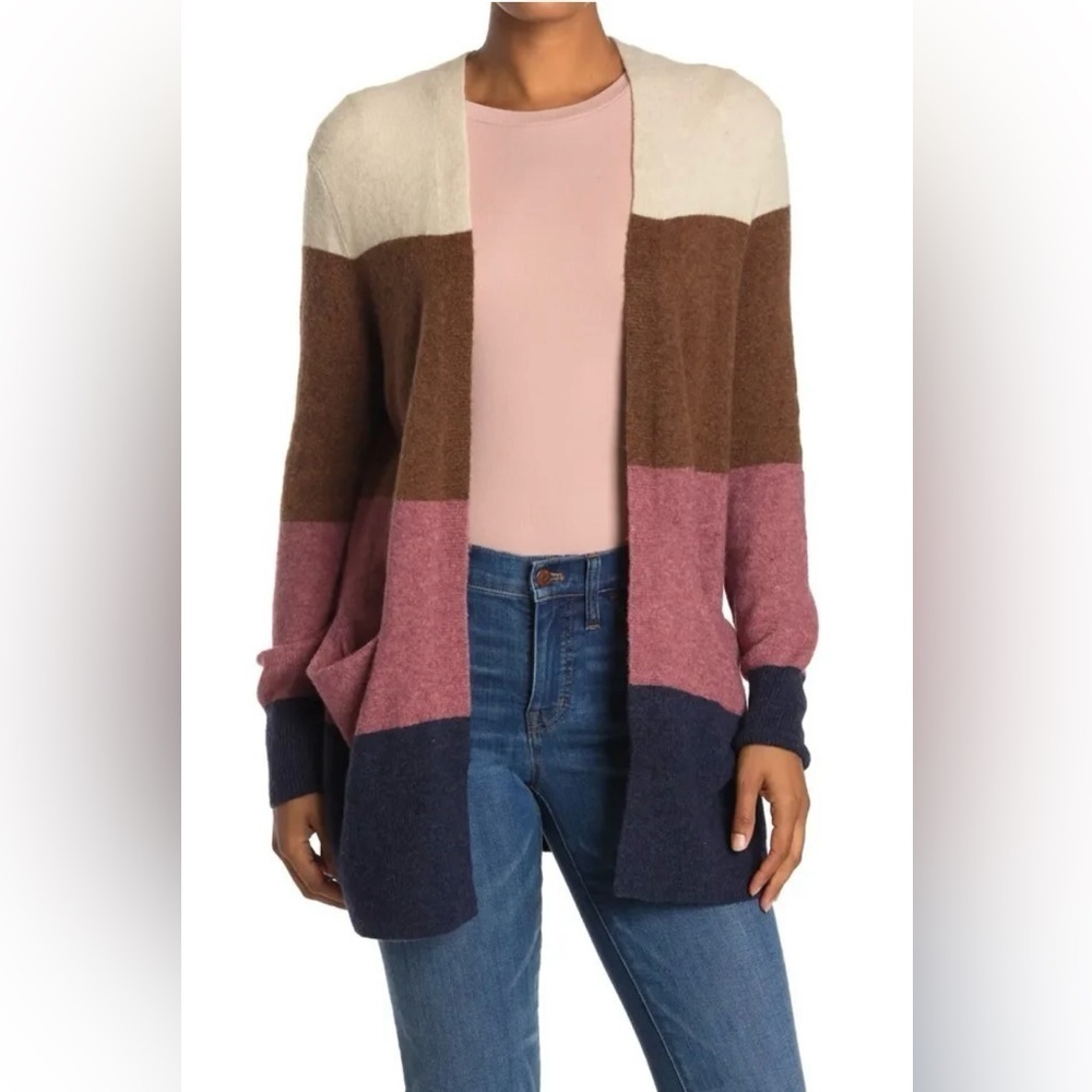 Madewell Stripe Print Cozy Short Walker Cardigan Pink Tan Women's sz M